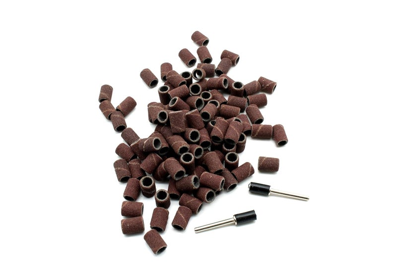 T-MAX 100 pc 1/4 Inch Sand Drum Grit 240 Fine with 2 pc 1/8 Inch Mandrel for Dremel Rotary Tools - Image 1